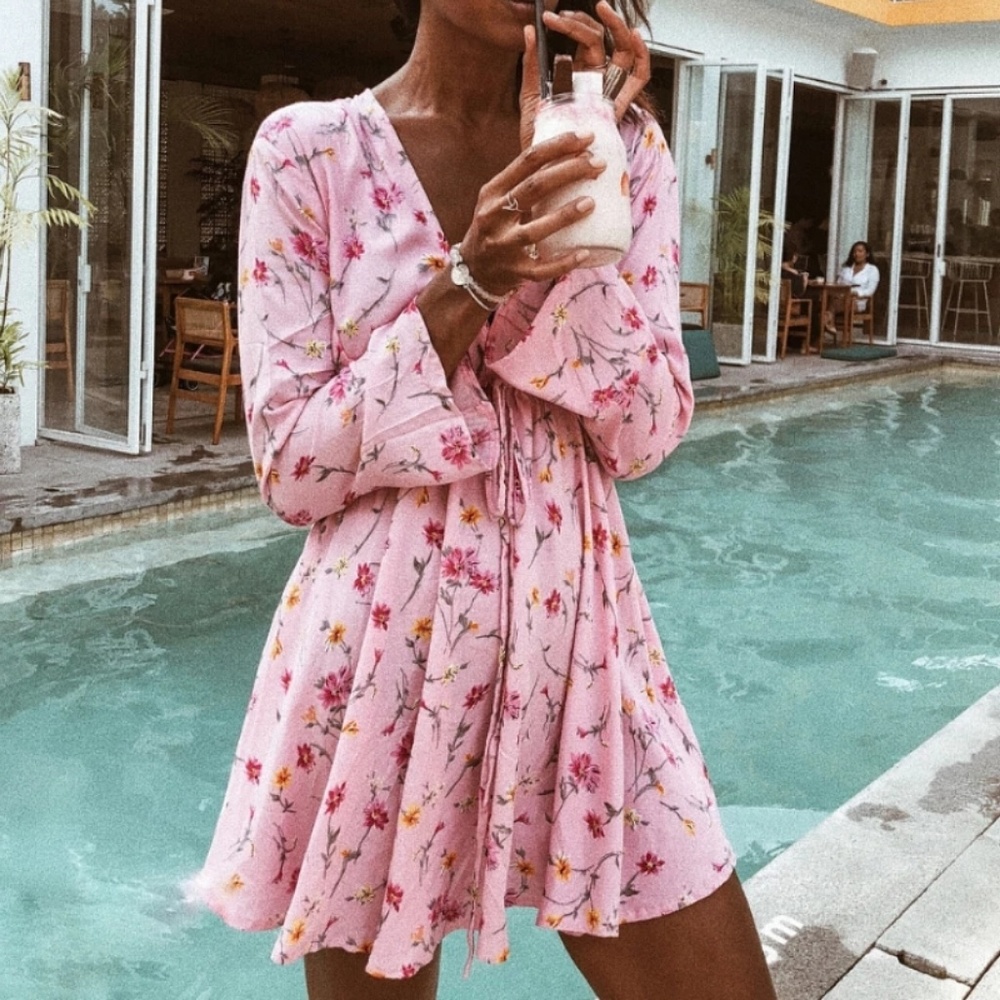 Pink chiffon floral mini dress